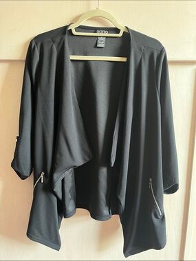 Soho Black Open-Front Draped Jacket with Zipper Accents